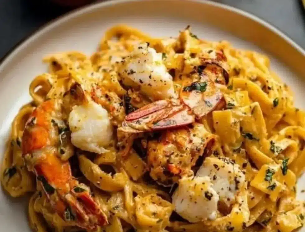 Creamy Tuscan lobster pasta garnished with basil and parmesan cheese