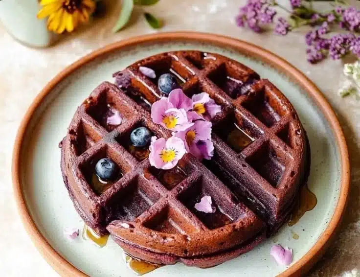 Plate of crispy and tender ube waffles topped with syrup and fresh fruits