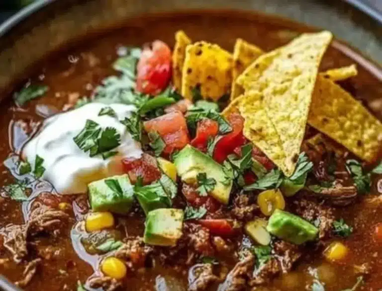 Delicious crockpot beef tortilla soup served in a bowl with fresh toppings.
