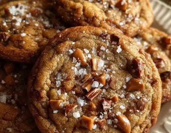 Decadent chewy toffee cookies topped with sea salt on a rustic wooden table