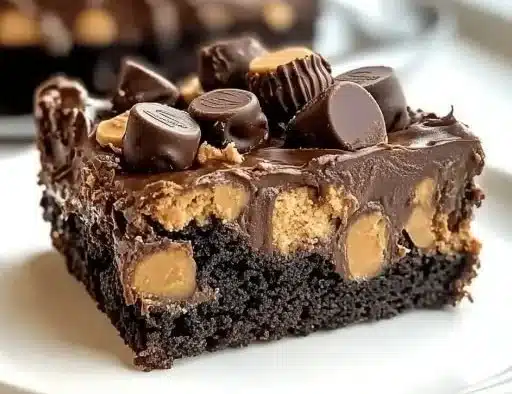 Decadent Reeses Peanut Butter Earthquake Cake topped with chocolate and peanut butter.