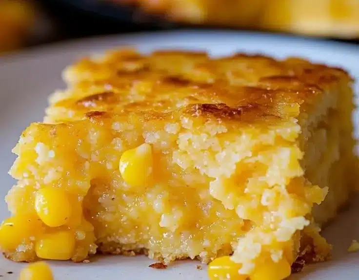 Delicious cornbread casserole served in a rustic dish