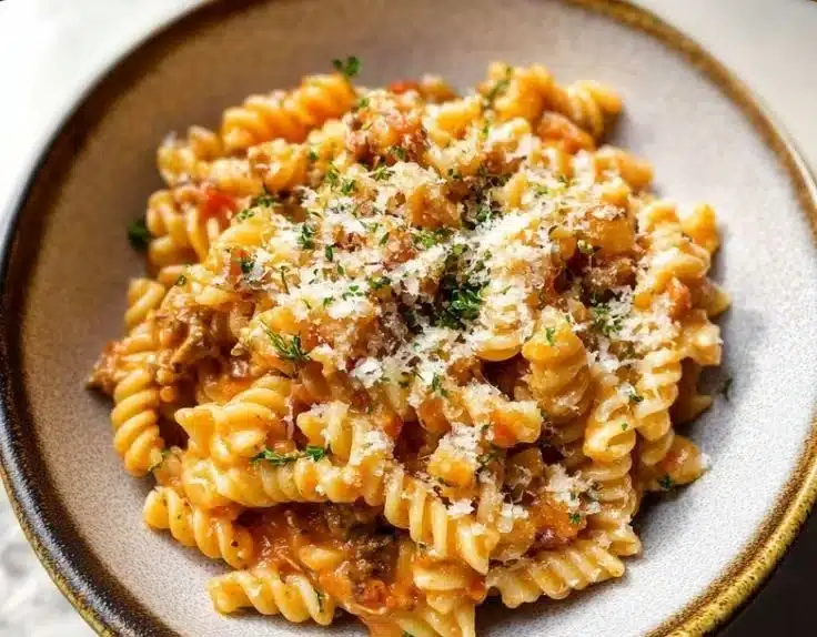 A plate of delicious rotini pasta with fresh herbs and vegetables