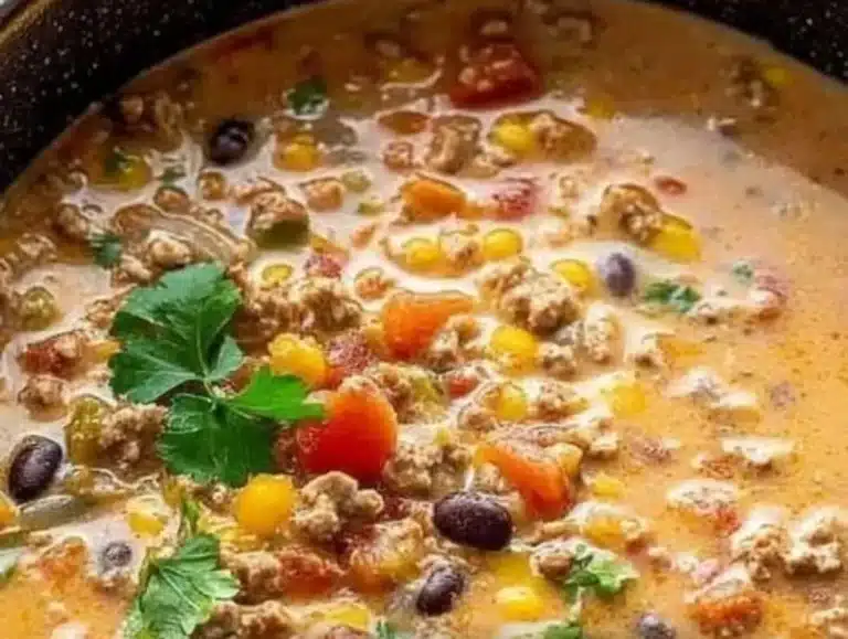 Bowl of easy creamy taco soup garnished with cheese and cilantro