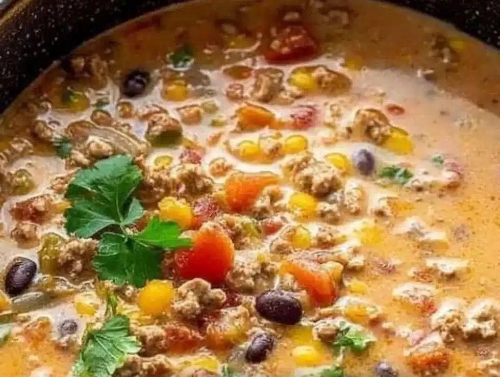 Bowl of easy creamy taco soup garnished with cheese and cilantro