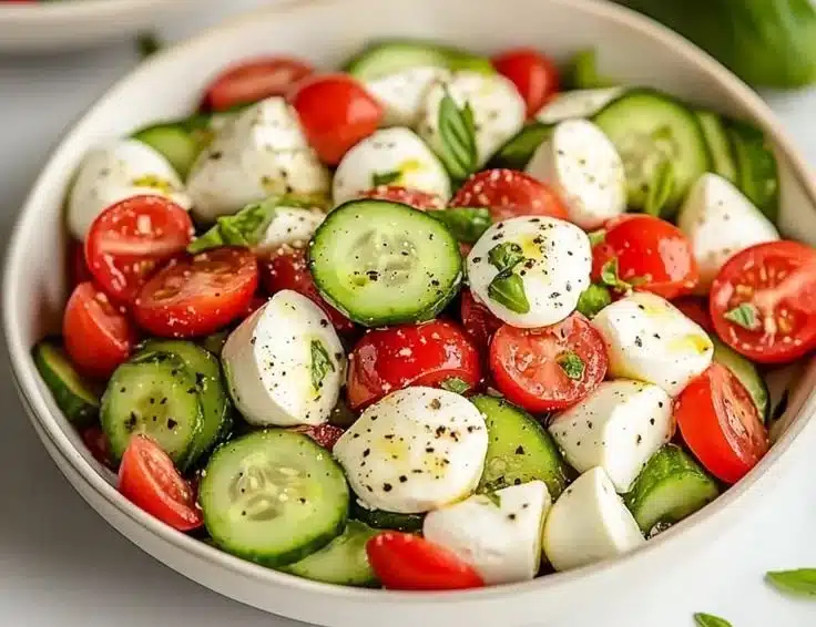 Fresh cucumber Caprese salad with basil and mozzarella for summer meals