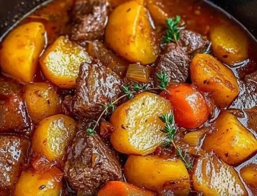 Bowl of easy homemade beef stew with vegetables and herbs