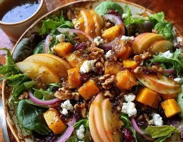 Fresh Fall Salad with Apple Cider Vinaigrette drizzled on top