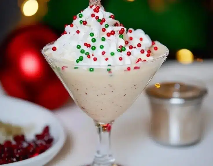 Festive Tinseltini cocktail topped with holiday garnishes