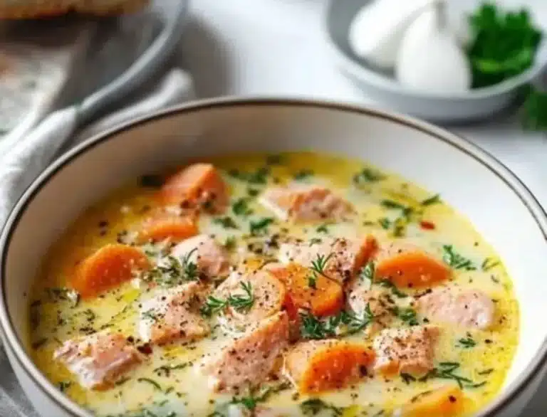 Bowl of Finnish salmon soup garnished with fresh herbs and vegetables