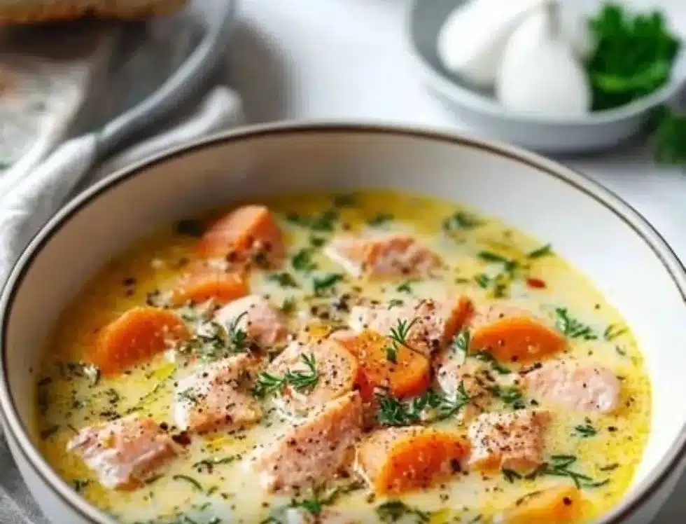 Bowl of Finnish salmon soup garnished with fresh herbs and vegetables