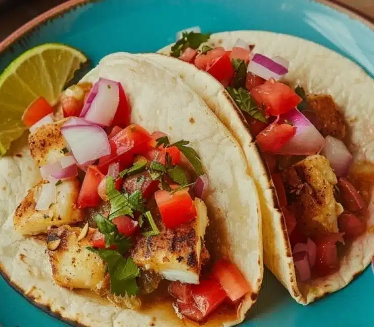 Delicious fish tacos served with toppings and fresh ingredients