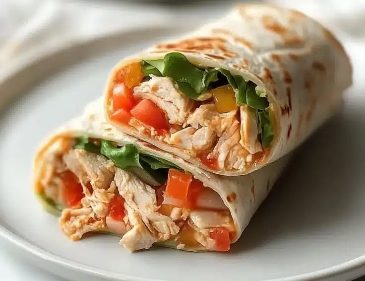 Delicious rotisserie chicken wraps featuring fresh vegetables and sauces