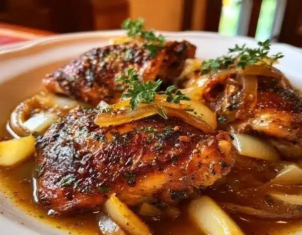 Delicious French apple cider chicken served with fresh herbs and spices.