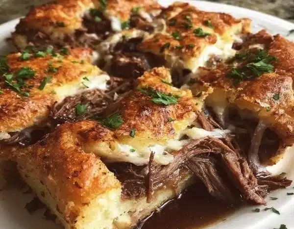 Delicious French Dip Squares with juicy beef and melted cheese.