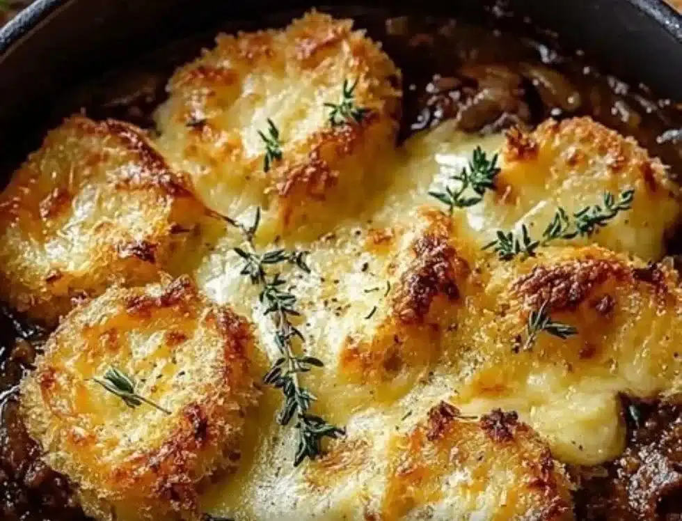Delicious French Onion Beef Stew with a cheesy bread topping, perfect for winter meals.