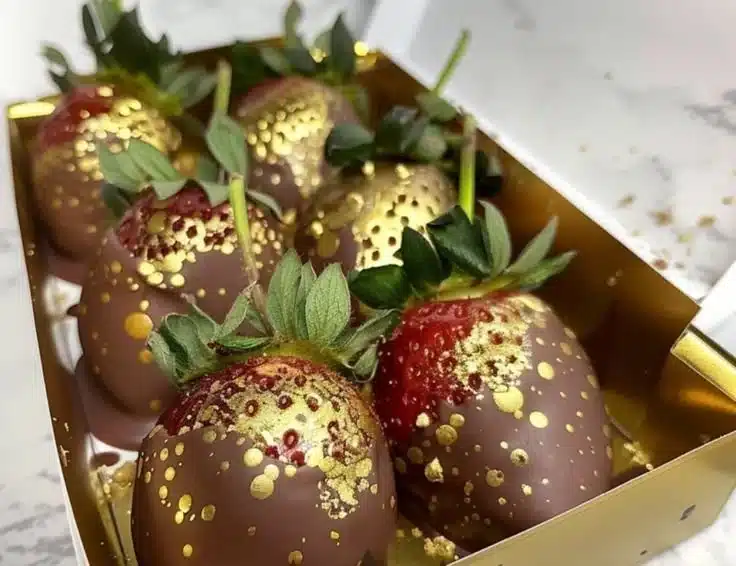 Gold-dusted chocolate strawberries beautifully arranged on a plate