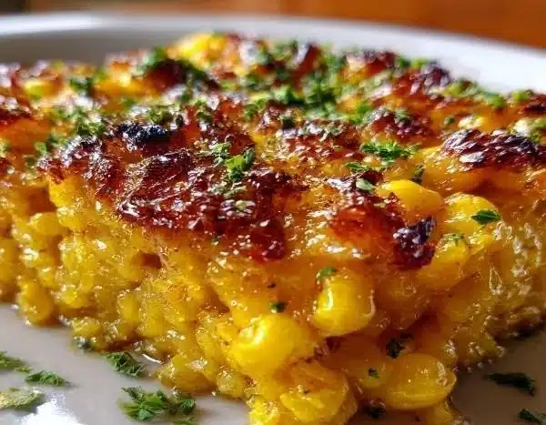 Golden honey-glazed corn casserole baked in a dish, ready to serve.