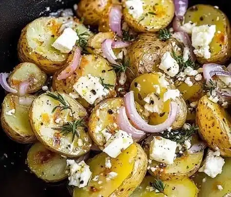 Plate of Greek Smashed Potatoes topped with Feta cheese and herbs