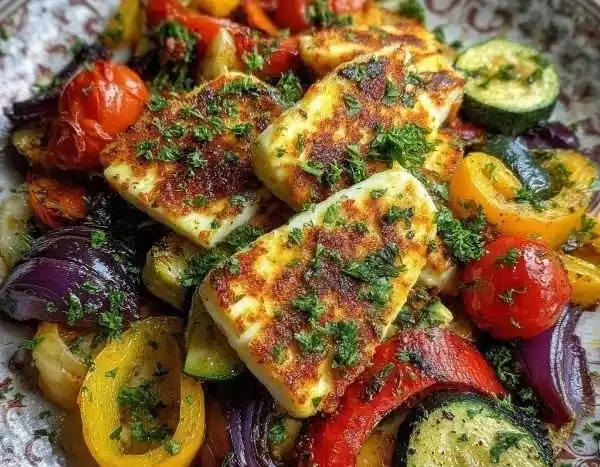 Delicious Grilled Halloumi served with roasted vegetables and lemon dressing