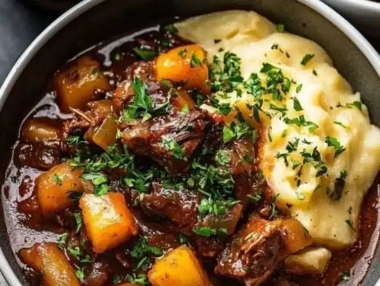 Delicious bowl of Guinness beef stew with tender meat and vegetables