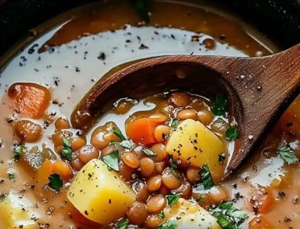Bowl of hearty lentil and potato soup garnished with herbs