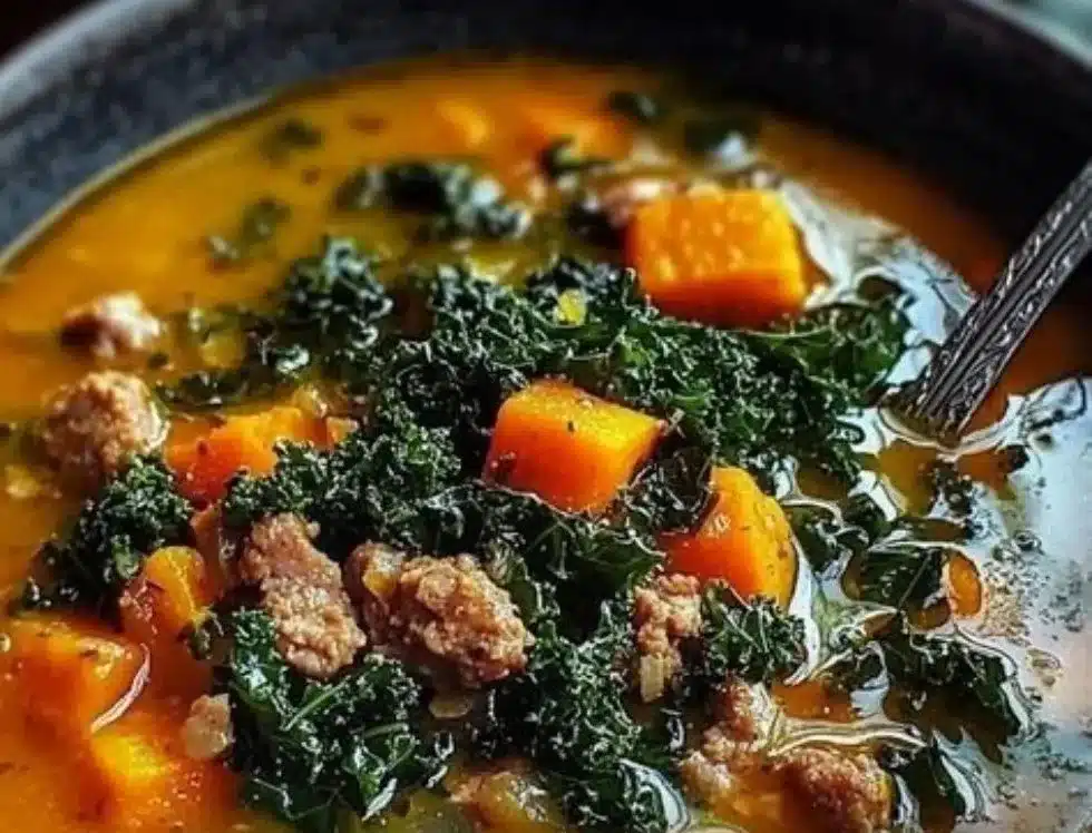Bowl of hearty Sausage Sweet Potato Kale Soup garnished with fresh herbs