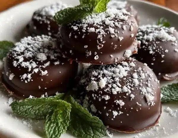 Homemade peppermint patties on a plate, ready to enjoy.