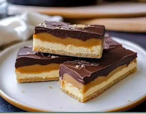 Homemade Twix Bars with chocolate, caramel, and shortbread layers