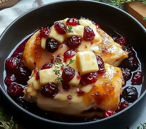 Delicious cranberry brie stuffed chicken garnished with herbs