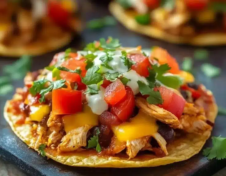 Mexican Tostadas topped with rotisserie chicken, ready in 30 minutes.