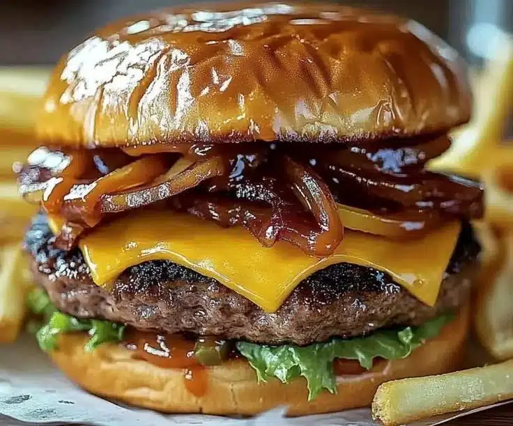 Delicious smash burger with crispy bacon and melted cheddar cheese