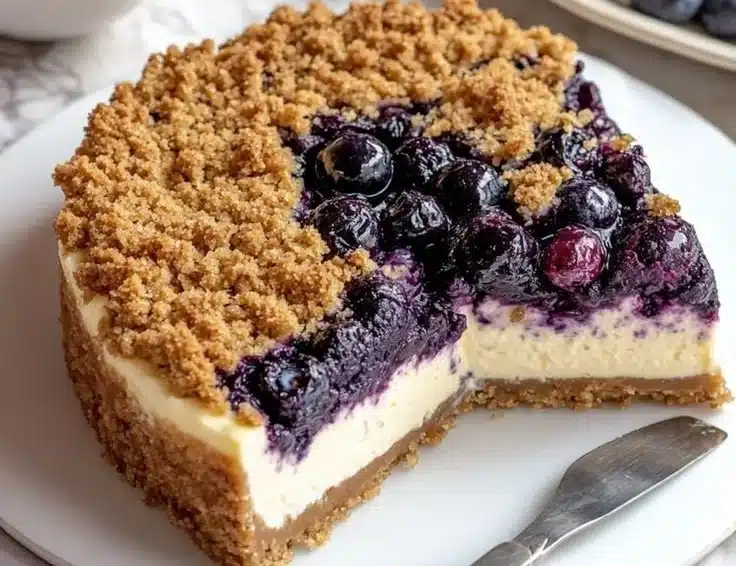 Deliciously creamy blueberry crumble cheesecake with a crumble topping