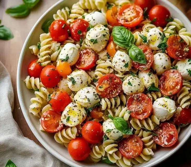 Creamy Caprese Pasta Salad with fresh tomatoes, mozzarella, basil, and pasta