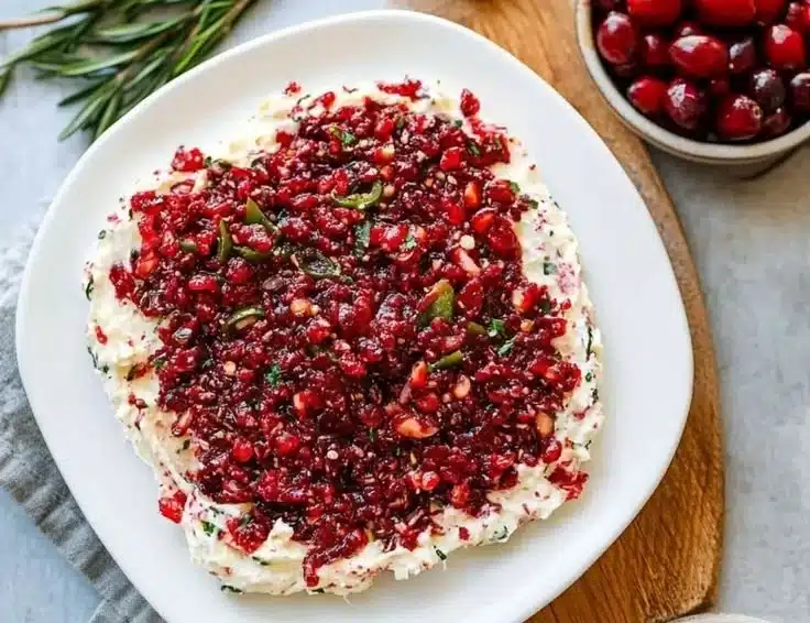 Creamy cranberry jalapeno dip served in a bowl with crackers