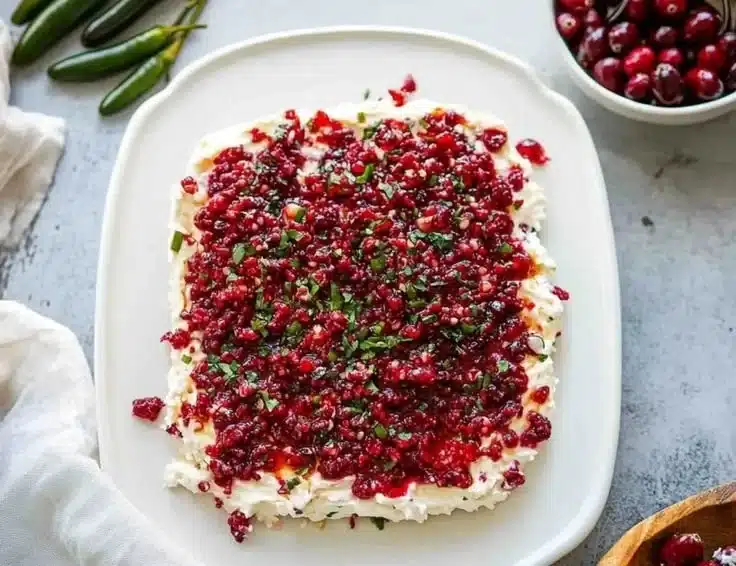 Irresistibly creamy cranberry jalapeno cream cheese dip served in a bowl