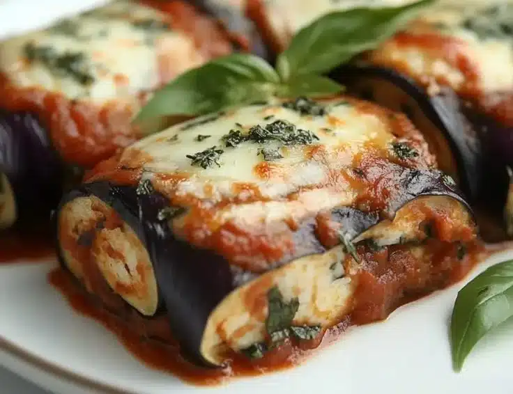 Deliciously creamy healthy eggplant rollatini served on a plate