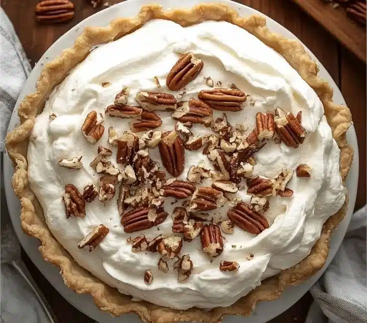A deliciously creamy pecan cream pie topped with pecans and whipped cream.