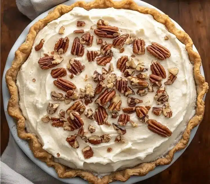 Deliciously creamy pecan cream pie topped with whipped cream.