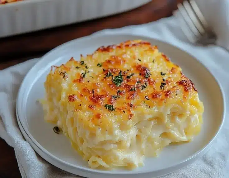 Creamy Spaghetti Squash Au Gratin Delight dish topped with golden cheese
