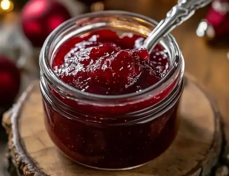 Homemade Christmas jam jar with festive decorations for holiday breakfast