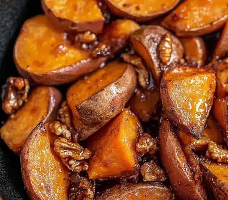 Bowl of walnut maple roasted sweet potatoes topped with walnuts and maple syrup