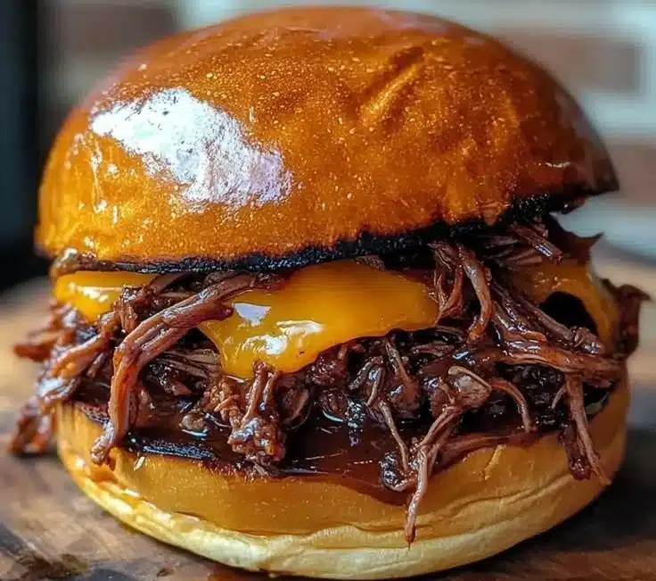 Irresistibly tender pulled beef sandwich served with toppings for game day