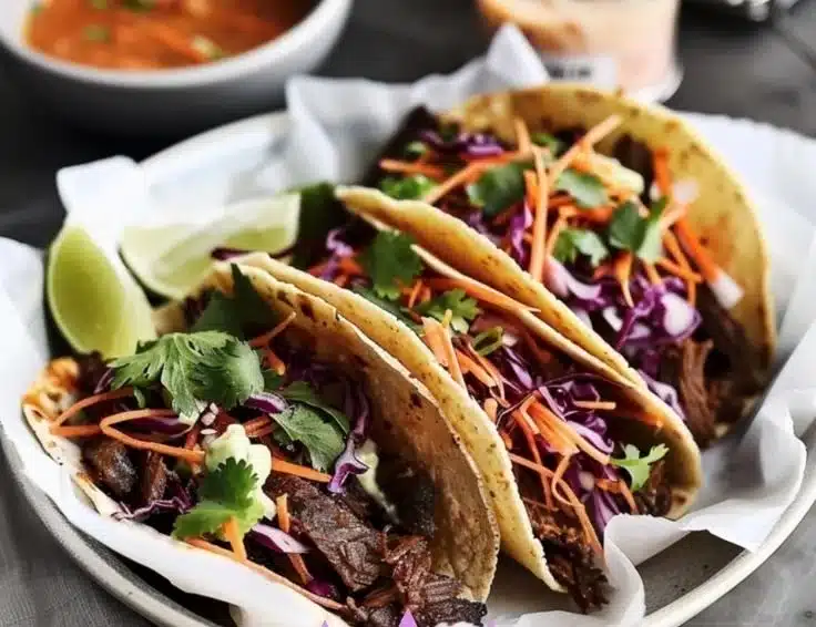 Korean beef bulgogi tacos with quick kimchi slaw on a wooden plate