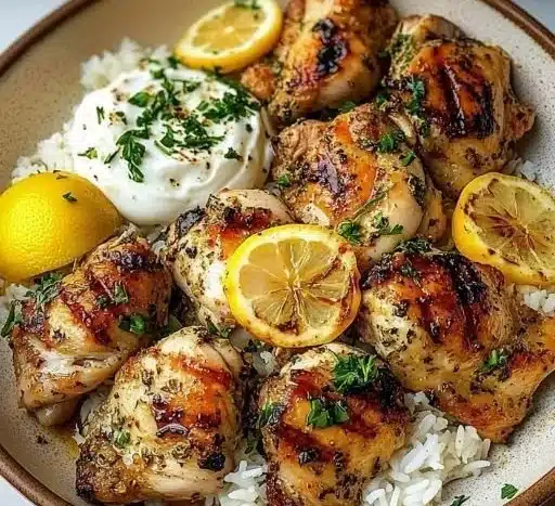 Delicious Lebanese Lemon Garlic Chicken served with fresh herbs
