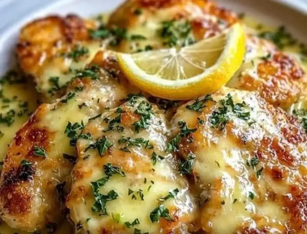 Lemon Chicken Romano dish served with fresh herbs and lemon slices