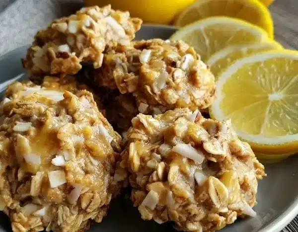 A plate of delicious lemon oatmeal no-bake cookies with a zesty lemon glaze.