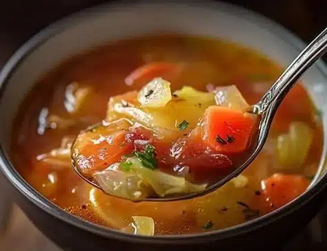 Bowl of low calorie cabbage soup with fresh vegetables and herbs