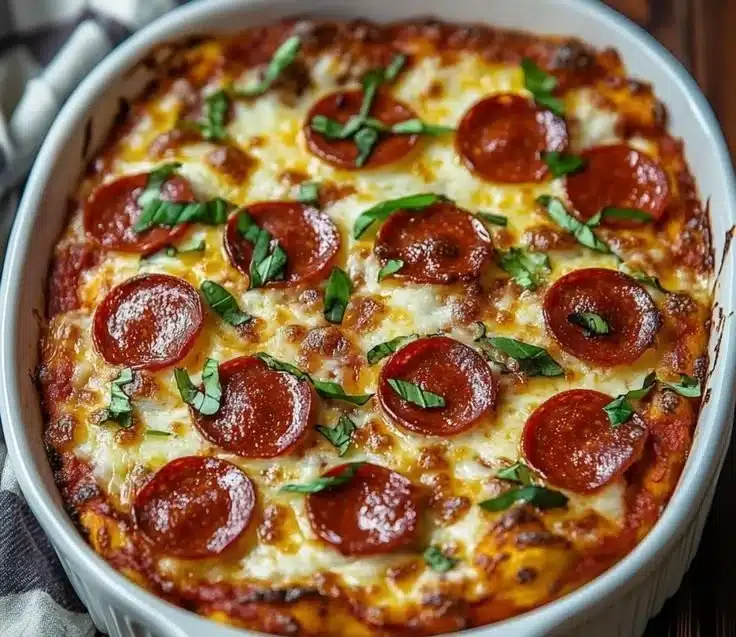 Low carb pizza casserole dish topped with cheese and pepperoni