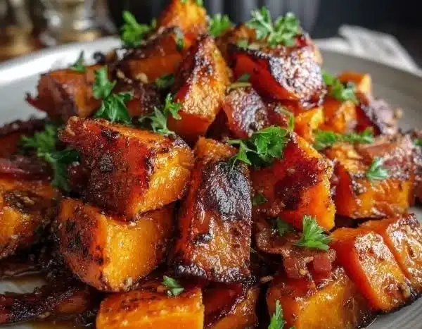 Maple glazed sweet potatoes with bacon in a serving dish